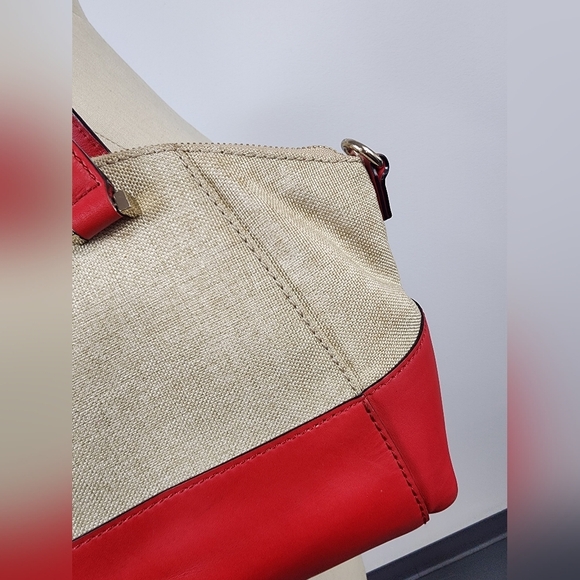 Kate Spade Red Beige Canvas Leather 2Way Crossbody Top Handle Satchel - Picture 11 of 16